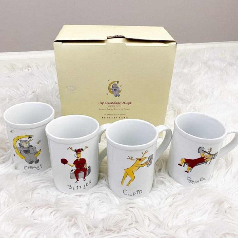 Pottery Barn Hip Reindeer Mugs Set of 4 New in Box
